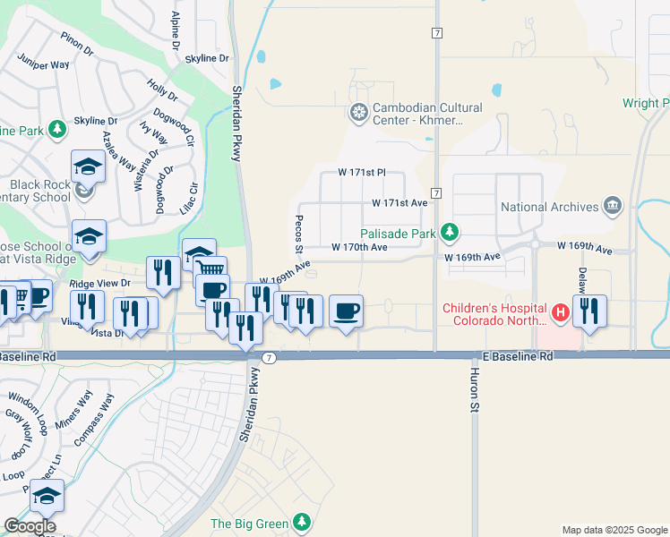 map of restaurants, bars, coffee shops, grocery stores, and more near 1450 West 169th Avenue in Broomfield