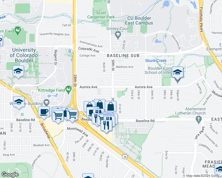 map of restaurants, bars, coffee shops, grocery stores, and more near 2990 Aurora Avenue in Boulder