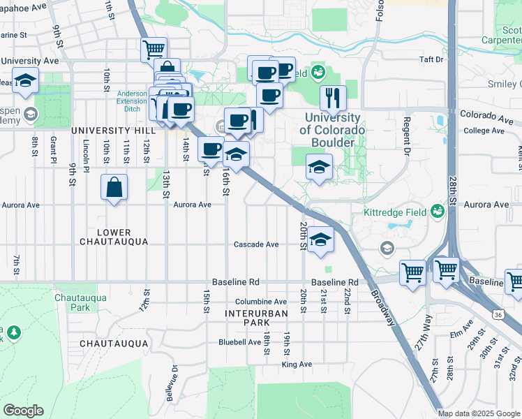 map of restaurants, bars, coffee shops, grocery stores, and more near 890 18th Street in Boulder