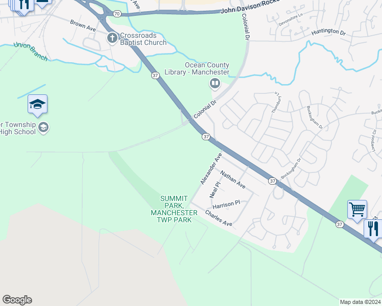 map of restaurants, bars, coffee shops, grocery stores, and more near 2501 New Jersey 37 in Manchester Township