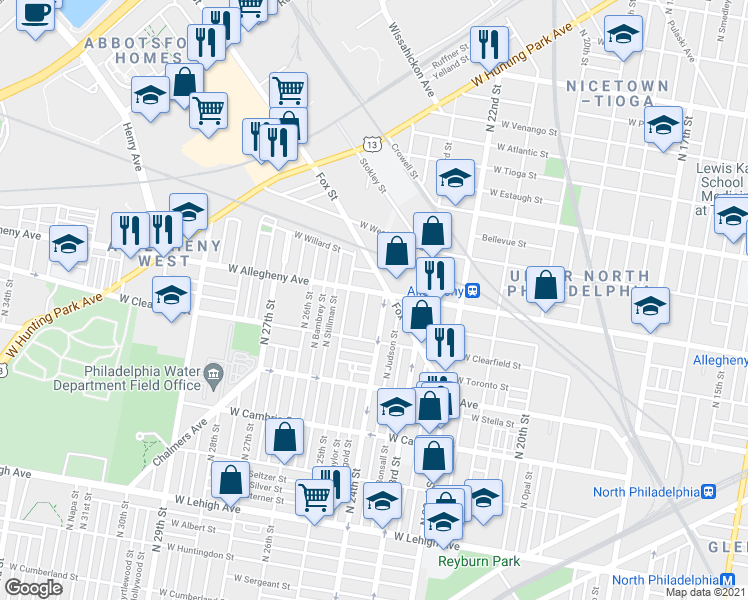 map of restaurants, bars, coffee shops, grocery stores, and more near 2408 West Allegheny Avenue in Philadelphia