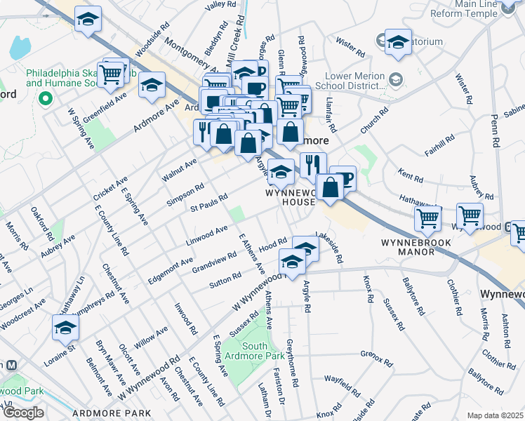 map of restaurants, bars, coffee shops, grocery stores, and more near 34 Linwood Avenue in Ardmore