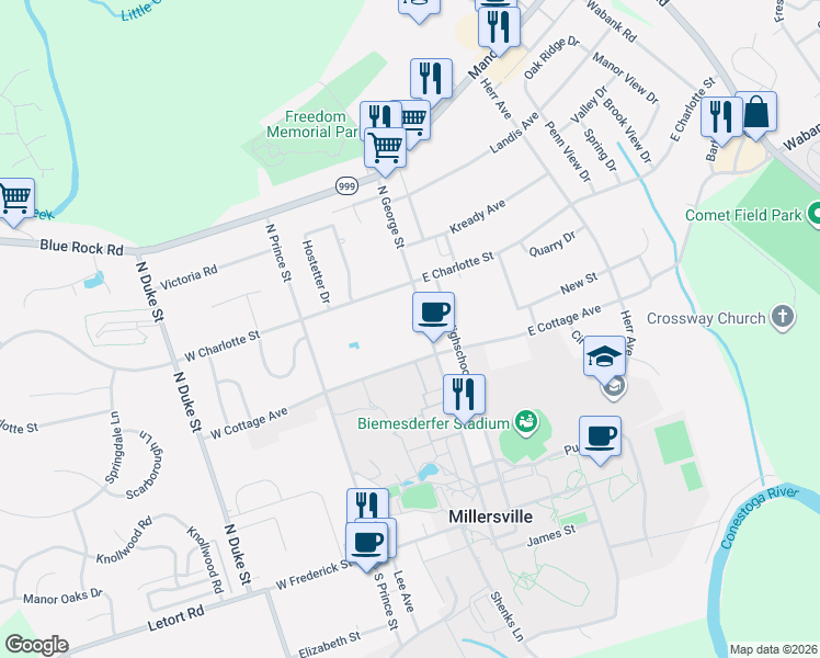 map of restaurants, bars, coffee shops, grocery stores, and more near 317 North George Street in Millersville