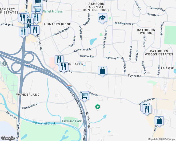 map of restaurants, bars, coffee shops, grocery stores, and more near 736 Taylor Road in Gahanna