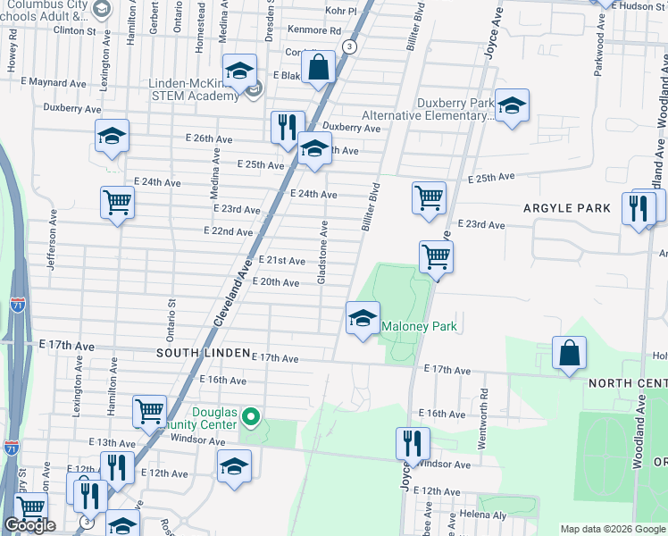 map of restaurants, bars, coffee shops, grocery stores, and more near 1439 East 21st Avenue in Columbus