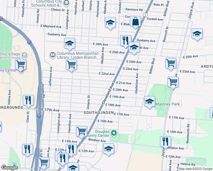 map of restaurants, bars, coffee shops, grocery stores, and more near 1827 Cleveland Avenue in Columbus