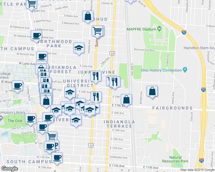 map of restaurants, bars, coffee shops, grocery stores, and more near 336 East 19th Avenue in Columbus