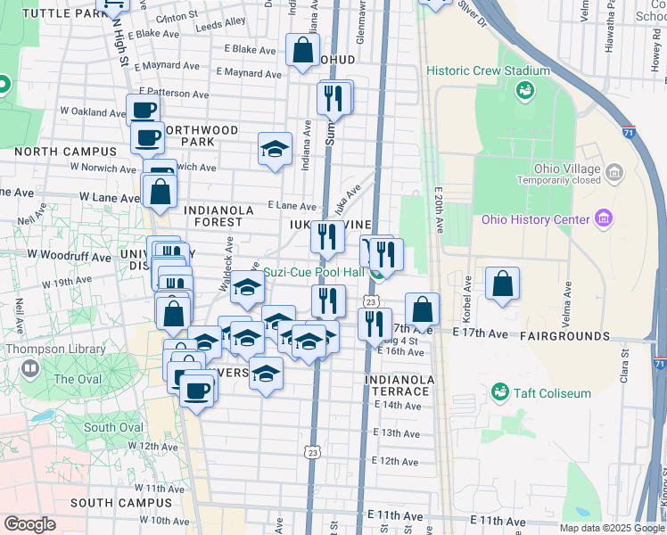 map of restaurants, bars, coffee shops, grocery stores, and more near 1975 Summit Street in Columbus