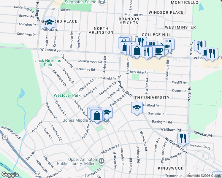 map of restaurants, bars, coffee shops, grocery stores, and more near 1869 Tewksbury Road in Columbus