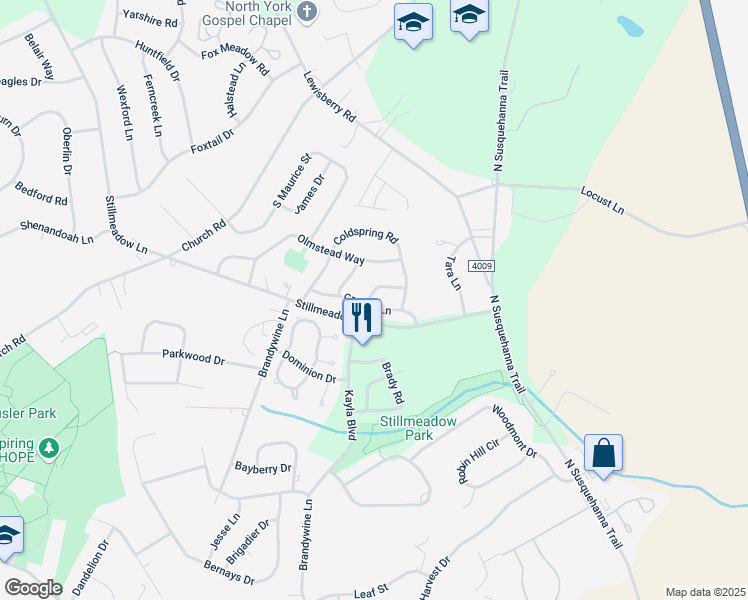 map of restaurants, bars, coffee shops, grocery stores, and more near 535 Dulcy Dr in York
