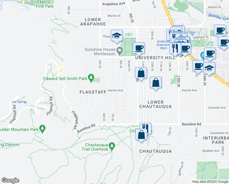 map of restaurants, bars, coffee shops, grocery stores, and more near 700 Aurora Avenue in Boulder