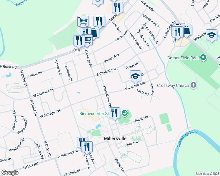 map of restaurants, bars, coffee shops, grocery stores, and more near 29 East Cottage Avenue in Millersville