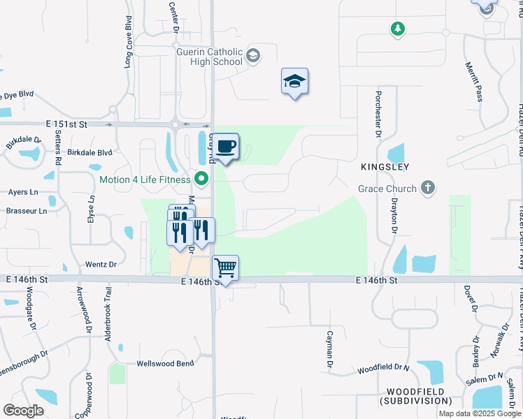 map of restaurants, bars, coffee shops, grocery stores, and more near 4978 Midland Street in Noblesville