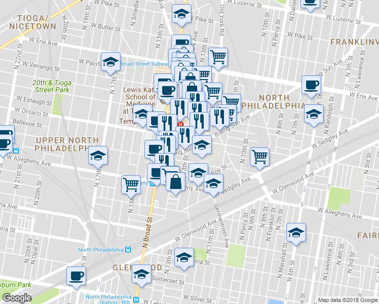 map of restaurants, bars, coffee shops, grocery stores, and more near 1238 Rising Sun Avenue in Philadelphia
