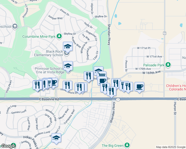 map of restaurants, bars, coffee shops, grocery stores, and more near 3100 Ridge View Drive in Erie