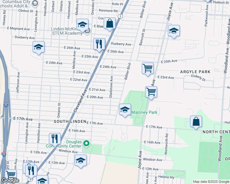 map of restaurants, bars, coffee shops, grocery stores, and more near 1439 East 21st Avenue in Columbus