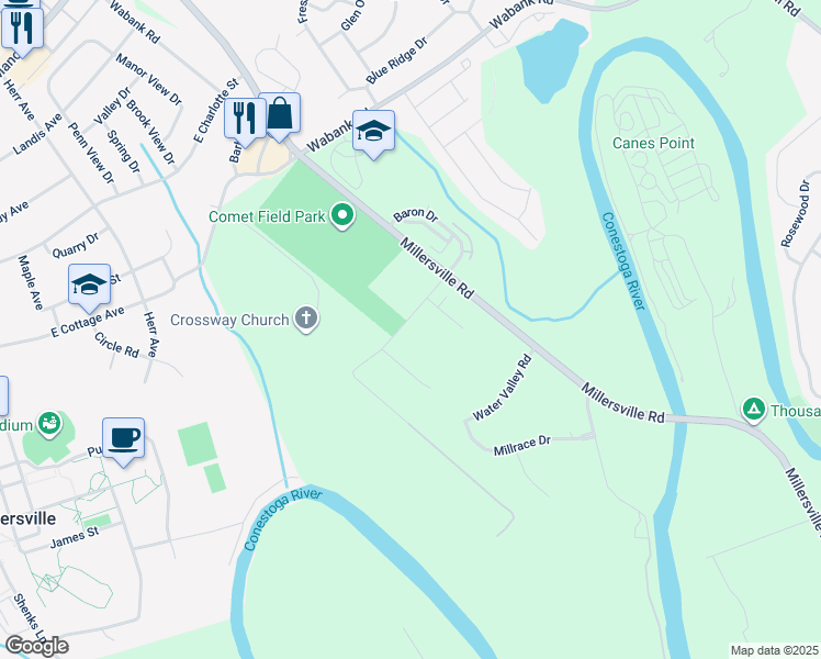 map of restaurants, bars, coffee shops, grocery stores, and more near 2460 Honeysuckle Lane in Lancaster