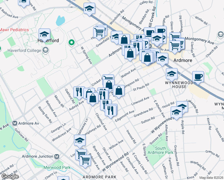 map of restaurants, bars, coffee shops, grocery stores, and more near 65 East Spring Avenue in Ardmore