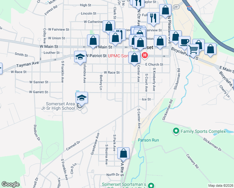 map of restaurants, bars, coffee shops, grocery stores, and more near 229 West Garrett Street in Somerset
