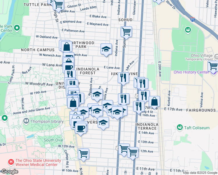 map of restaurants, bars, coffee shops, grocery stores, and more near 1986 Indianola Avenue in Columbus