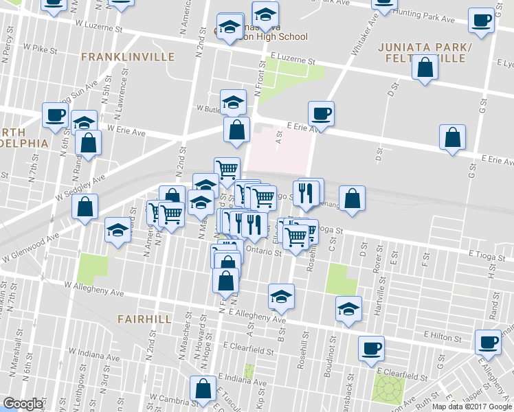 map of restaurants, bars, coffee shops, grocery stores, and more near 3524 North Water Street in Philadelphia