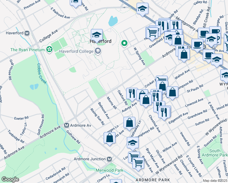 map of restaurants, bars, coffee shops, grocery stores, and more near 723 Ardmore Avenue in Ardmore