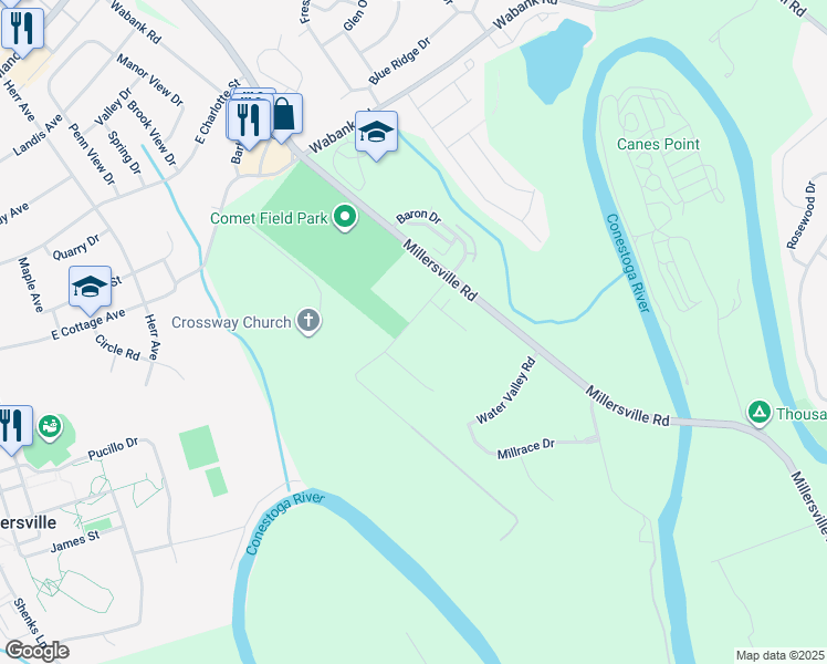 map of restaurants, bars, coffee shops, grocery stores, and more near 2460 Honeysuckle Lane in Lancaster