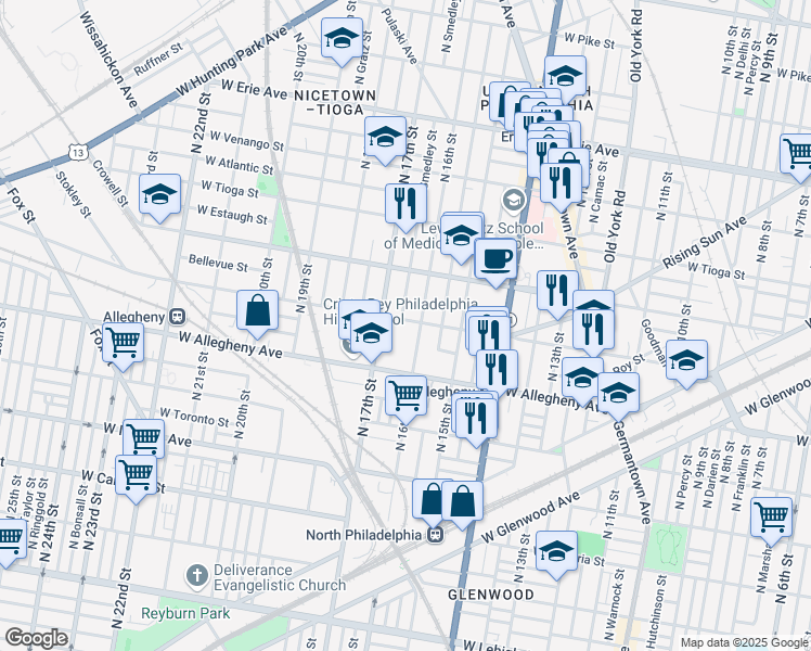 map of restaurants, bars, coffee shops, grocery stores, and more near 1618 West Westmoreland Street in Philadelphia