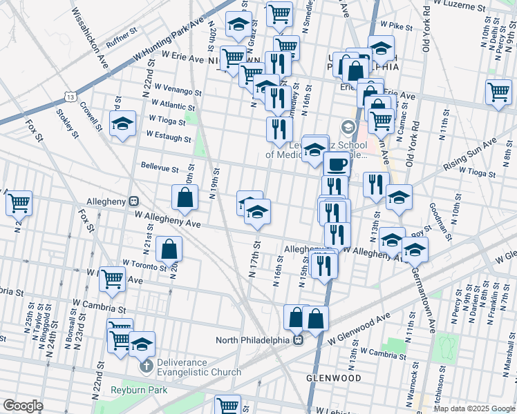 map of restaurants, bars, coffee shops, grocery stores, and more near 3250 N 17th St in Philadelphia