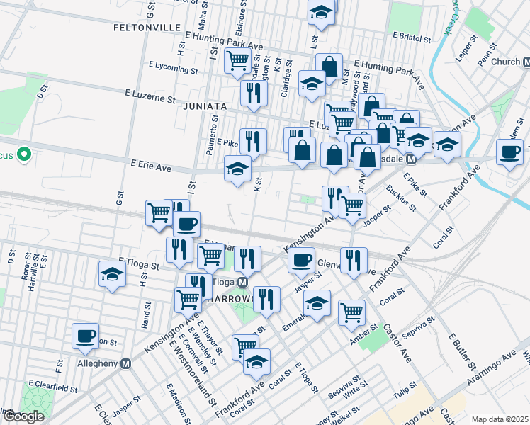 map of restaurants, bars, coffee shops, grocery stores, and more near 1217 East Sedgley Avenue in Philadelphia