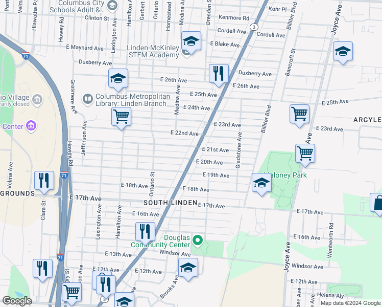 map of restaurants, bars, coffee shops, grocery stores, and more near 1827 Cleveland Avenue in Columbus