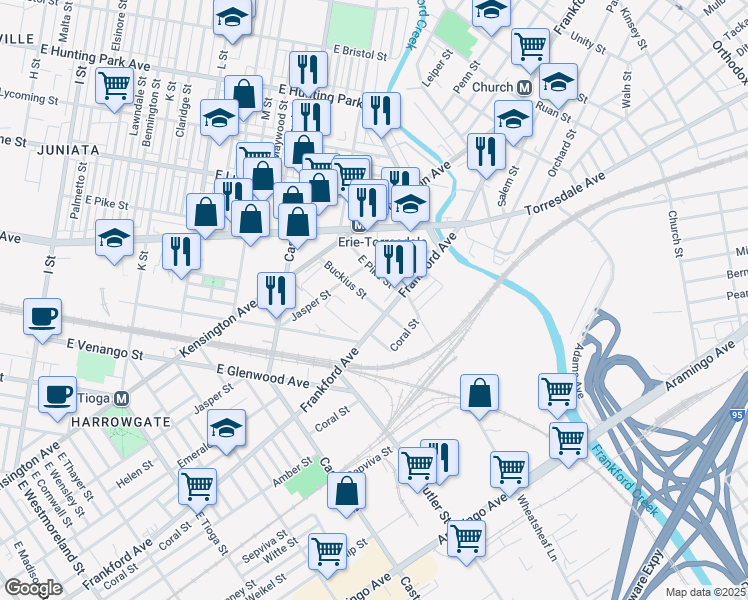 map of restaurants, bars, coffee shops, grocery stores, and more near 1939 Buckius Street in Philadelphia