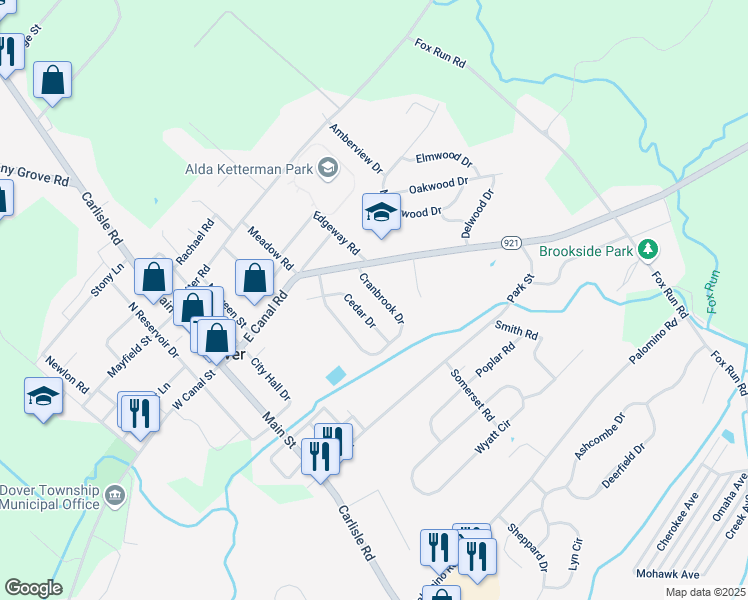 map of restaurants, bars, coffee shops, grocery stores, and more near 125 Cranbrook Drive in Dover