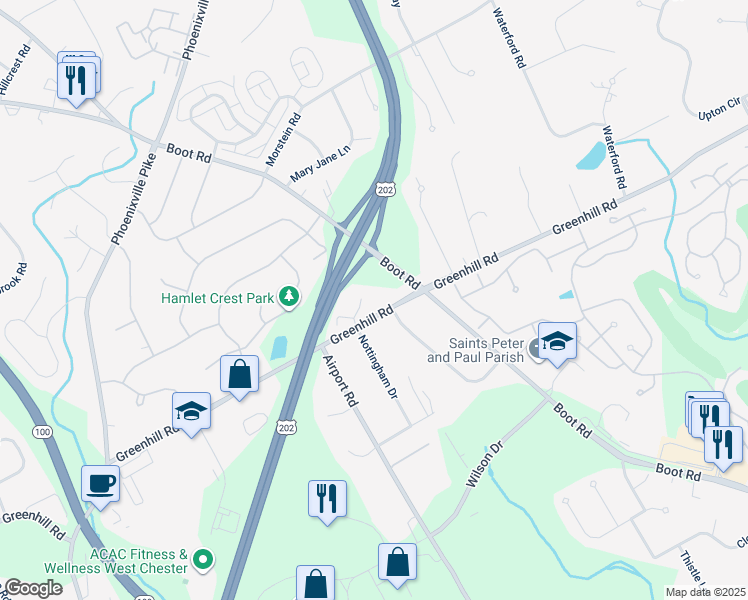 map of restaurants, bars, coffee shops, grocery stores, and more near 1205 Nottingham Drive in West Chester