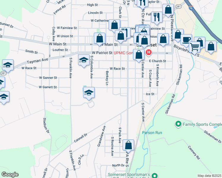 map of restaurants, bars, coffee shops, grocery stores, and more near 307 West Garrett Street in Somerset