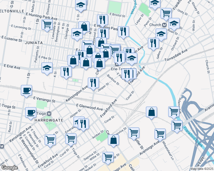map of restaurants, bars, coffee shops, grocery stores, and more near 3801 Jasper Street in Philadelphia