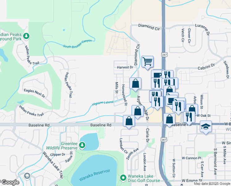 map of restaurants, bars, coffee shops, grocery stores, and more near 525 Mills Street in Lafayette