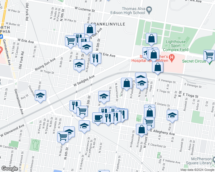 map of restaurants, bars, coffee shops, grocery stores, and more near 3449 North Orianna Street in Philadelphia