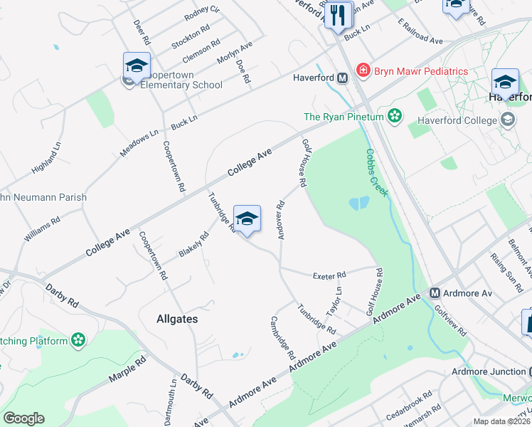 map of restaurants, bars, coffee shops, grocery stores, and more near 5 Andover Road in Haverford