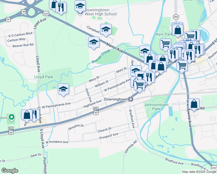 map of restaurants, bars, coffee shops, grocery stores, and more near 317 West Pennsylvania Avenue in Downingtown