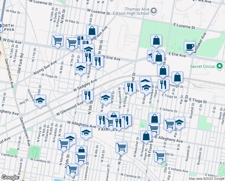 map of restaurants, bars, coffee shops, grocery stores, and more near 3448 North 3rd Street in Philadelphia