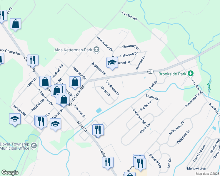 map of restaurants, bars, coffee shops, grocery stores, and more near 125 Cranbrook Drive in Dover