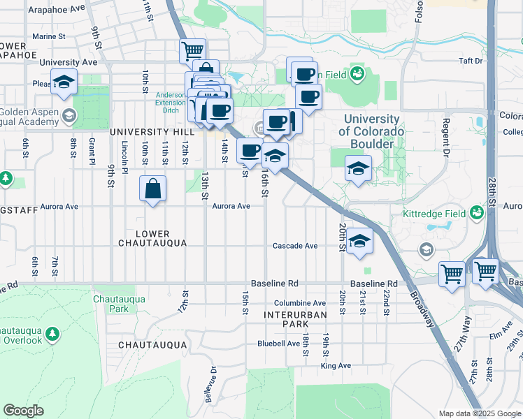 map of restaurants, bars, coffee shops, grocery stores, and more near 891 16th Street in Boulder