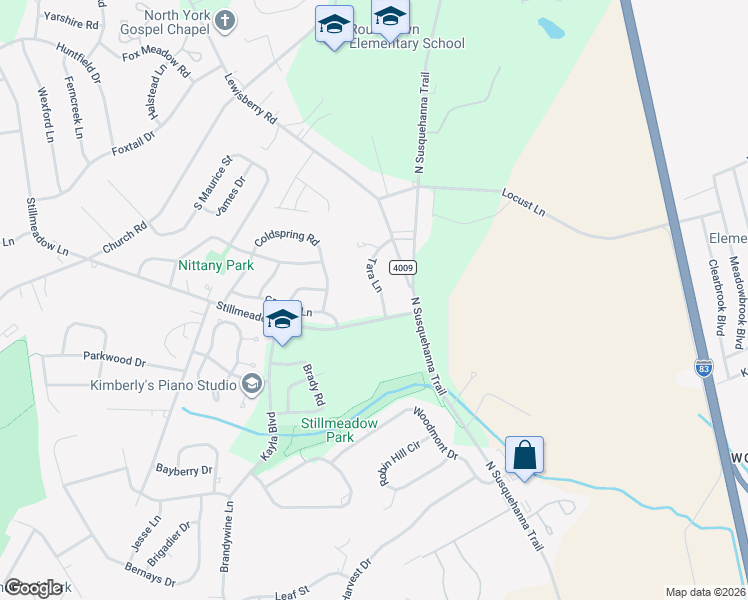 map of restaurants, bars, coffee shops, grocery stores, and more near 2520 Tara Lane in York