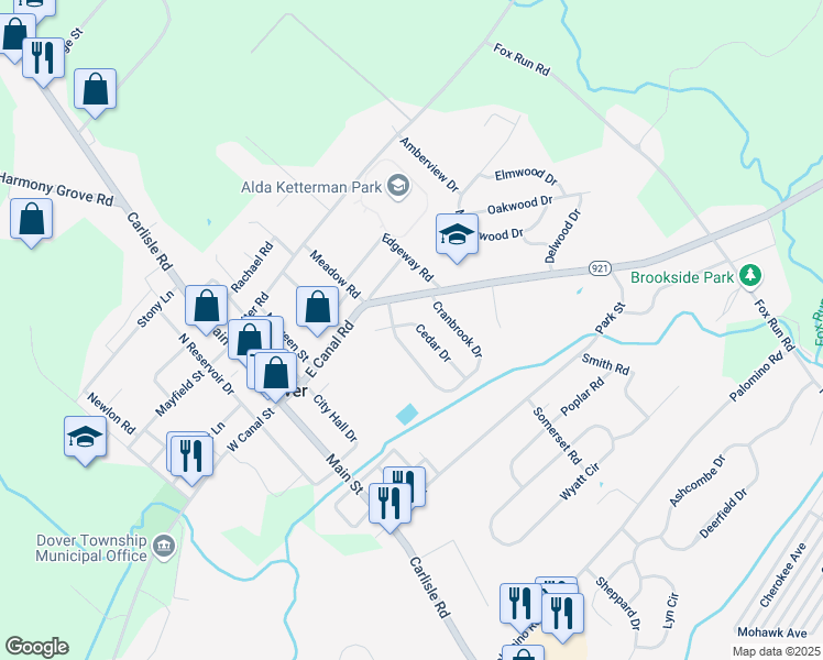 map of restaurants, bars, coffee shops, grocery stores, and more near 110 Cedar Drive in Dover