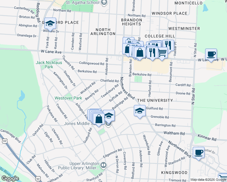 map of restaurants, bars, coffee shops, grocery stores, and more near 1869 Tewksbury Road in Columbus