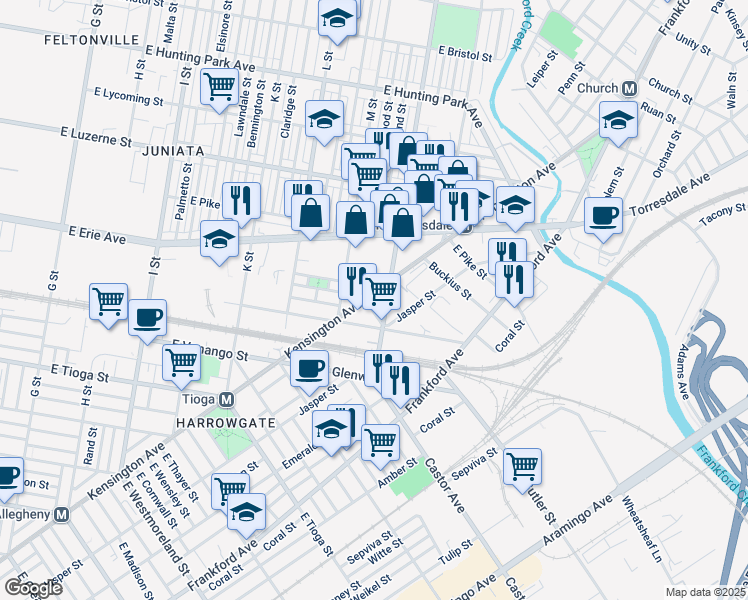 map of restaurants, bars, coffee shops, grocery stores, and more near 3751 Kensington Avenue in Philadelphia