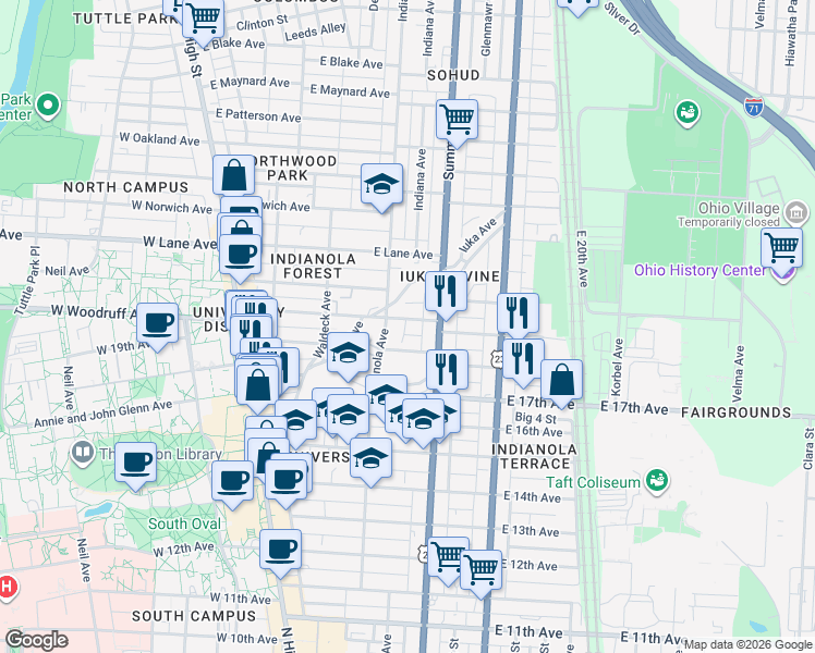 map of restaurants, bars, coffee shops, grocery stores, and more near 243 East 19th Avenue in Columbus