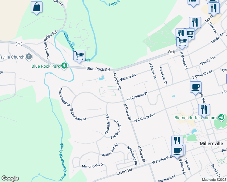 map of restaurants, bars, coffee shops, grocery stores, and more near 301 College Manor Avenue in Millersville