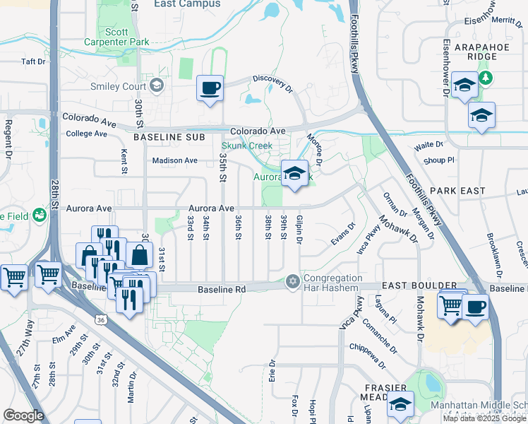 map of restaurants, bars, coffee shops, grocery stores, and more near 885 38th Street in Boulder